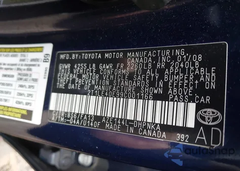 2009 Toyota Matrix S z USA, uszkodzony, nr VIN 2T1LE40E99C001166